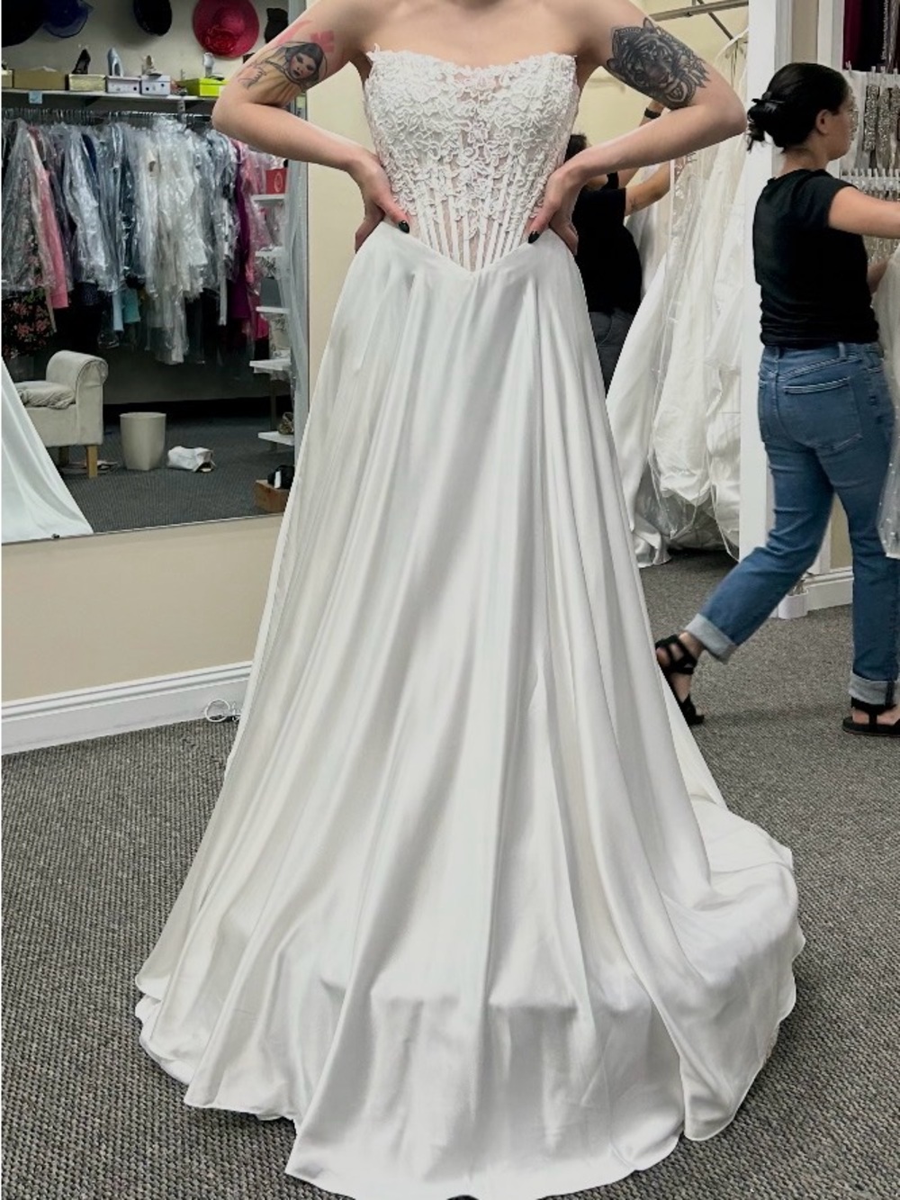 Romantic Strapless White Lace Bodice A-Line Wedding Gown